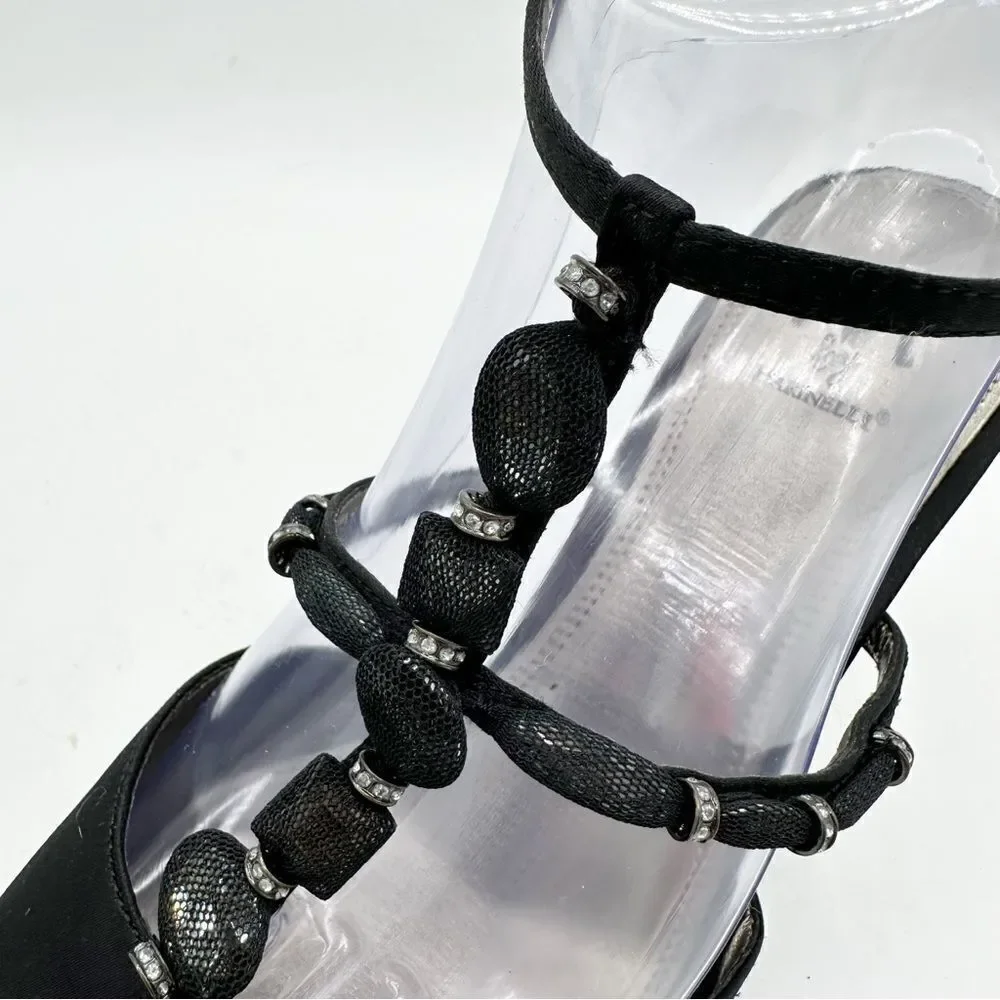 M. By Marinelli Black Satin Sparkly Jeweled T-Strap Stiletto Evening Sandal 8.5M